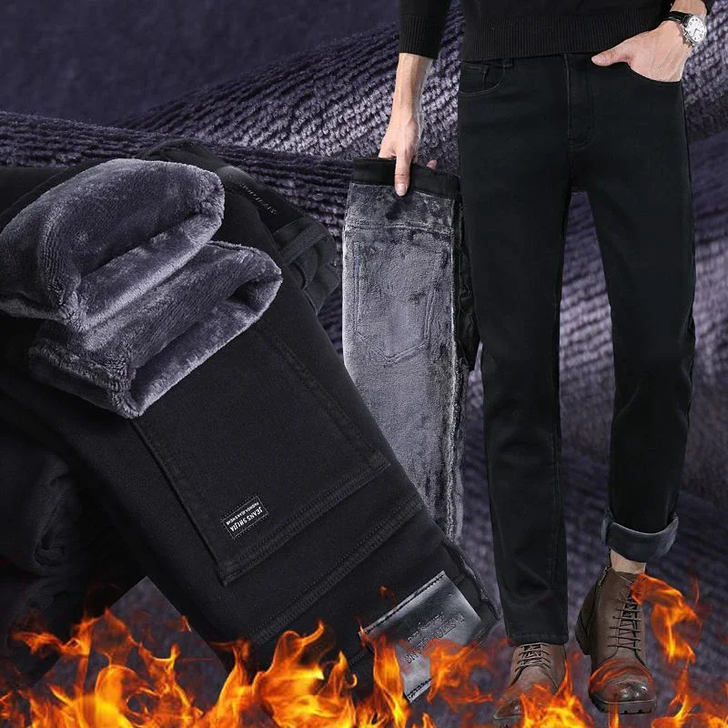 남성 양털 안감 스트레이트 청바지 남성 겨울 따뜻한 데님 바지 탄력성 편안한 캐주얼 느슨한 두꺼운 검은 바지
