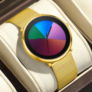 LIGE 커플 남성 시계 패션 캐주얼 컬러풀 변색 다이얼 쿼츠 손목시계 심플 울트라씬 스틸 여성 시계 특별 선물