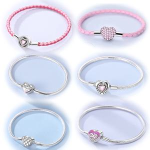 원래 925 스털링 실버 팔찌 17-20CM 사랑 심장 꽃 나비 매력 비즈 팔찌 여성을위한 패션 쥬얼리 선물