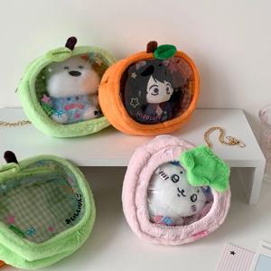 귀여운 만화 딸기 플러시 투명 가방 펜던트 귀여운 녹색 사과 장식 수납 인형 가방 피규어 디스플레이 가방 소녀 선물