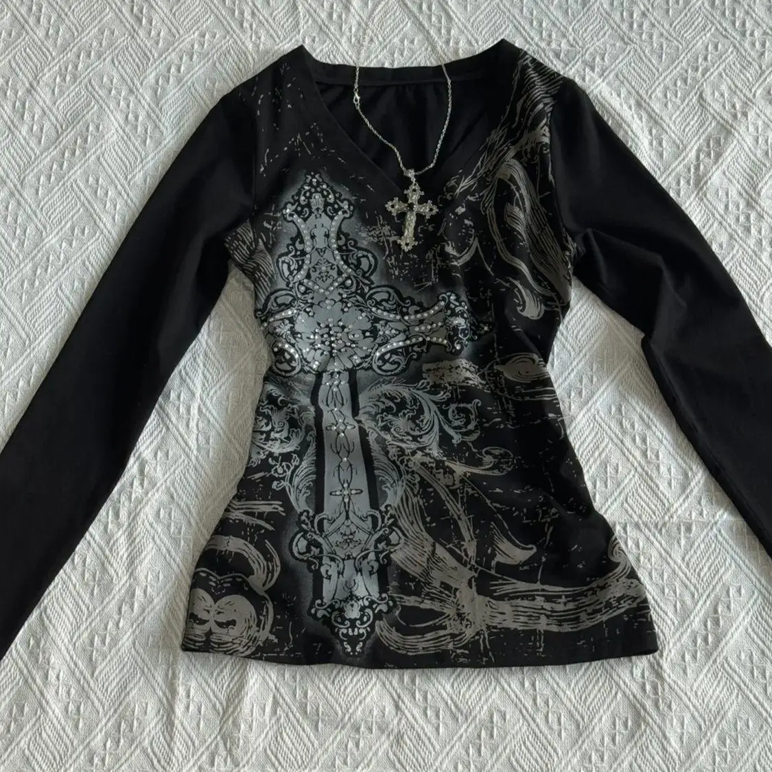 레트로 힙합 Y2K 티셔츠 패션 여성 섹시 긴팔 고딕 빈티지 펑크 스트리트웨어 탑 캐주얼 슬림 핫걸 가을 티셔츠