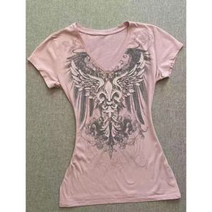 아메리칸 스트리트 핫티 티셔츠 빈티지 브이넥 티셔츠 2000년대 Y2K 미학 그래픽 프린트 티셔츠 여성용 펑크 시크 탑스 로파 무헤르