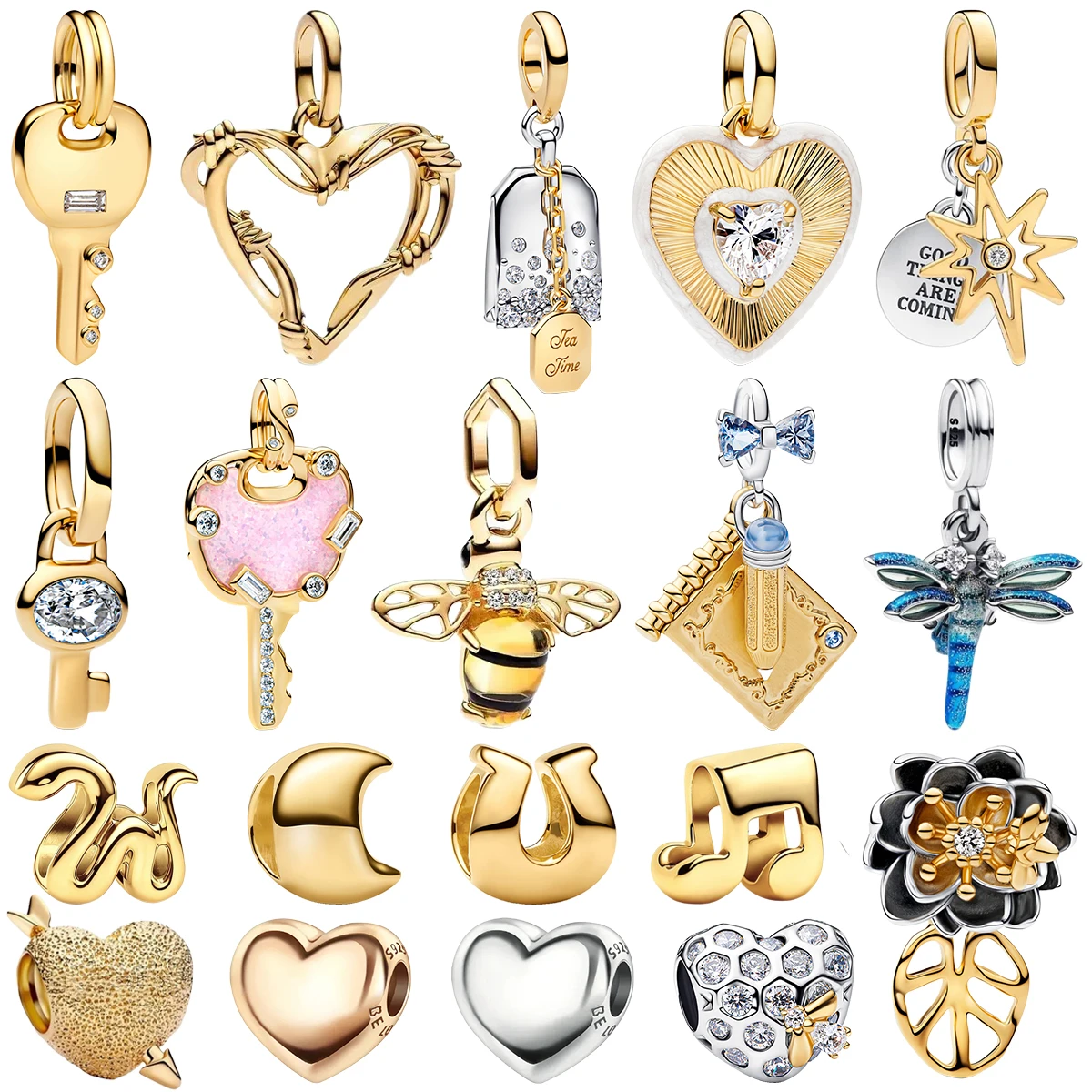 925 스털링 실버 하트 모양 열쇠 자물쇠 커플 참 에나멜 곤충 펜던트 말굽 꽃 비즈 팔찌 맞춤 선물