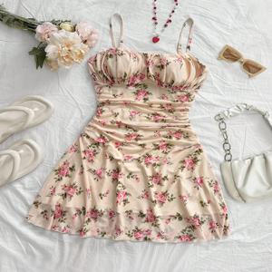 우아한 여름 신상 여성 플로럴 프린트 스트랩 슬림핏 드레스 여성스러운 우아한 스타일리시 플로럴 드레스