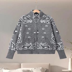 빈티지 니트 자카드 스탠드 칼라 여성 가디건 지퍼 풀 슬리브 포켓 루즈 스웨터 신상 2026 봄 여성용 소프트 니트웨어