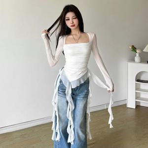 Ruffle 긴 소매 섹시한 티셔츠 패션 여성 Y2K 불규칙한 비대칭 한국 크롭 탑 캐주얼 쉬어 메쉬 가을 세련된 티셔츠