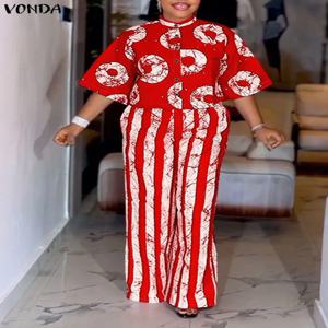 5XL VONDA 플러스 사이즈 2피스 세트 가을 여성 보헤미안 3/4 소매 패션 셔츠 와이드 레그 팬츠 프린트 빈티지 팬츠 세트 2PCS