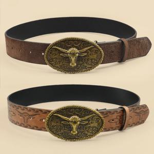 앤티크 합금 황소머리 버클이 달린 레트로 웨스턴 스타일 캐주얼 벨트, 일상 출퇴근 및 데이트를 위한 다용도 액세서리