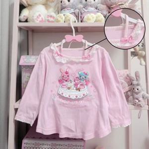 일본 카와이 만화 그래픽 프린트 티셔츠 여성용 핑크 스위트 레이스 스티치 탑 서브컬쳐 하라주쿠 티셔츠 귀여운 리본 의류