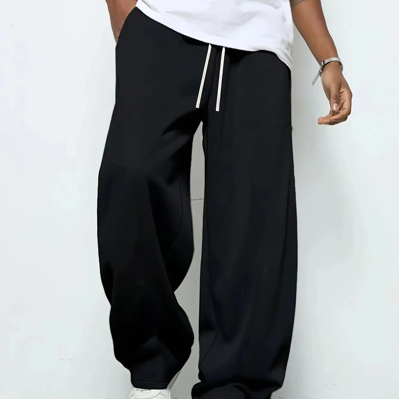 남성용 통기성 좋은 스포츠 조깅 팬츠, 신축성 있는 허리끈, 루즈핏 스트레이트 캐주얼 바지, 두꺼운 남성용 스웨터 팬츠