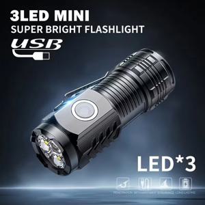 펜 클립이 있는 미니 3LED 손전등, 야간 산책, 휴대용 밝기, 충전식 방수 비상 스포트라이트 야외 토치