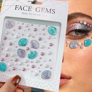 1장 3D 꿈같은 조개 진주 보석 얼굴 스티커 반짝이는 인어 다이아몬드 임시 타투 DIY 바디 아트 무대 메이크업 라인스톤