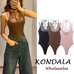 KONDALA 2026 여성 섹시한 나이트 파티 핑크 바디 슈트 패치 워크 레이스 민소매 streetwear 슬림 바디 슈트 패션 mujer sheath tops
