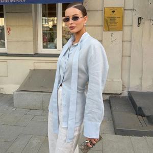 Linad 우아한 블루 코튼 스카프 칼라 블라우스 여성 오피스 레드 싱글 브레스트 셔츠 여성 가을 ​​패션 긴 소매 탑 2025