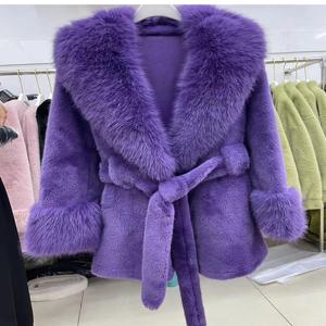 자도린 럭셔리 시크 인조 밍크 코트 우아한 퍼 칼라 벨티드 미디엄 롱 블랙 인조 퍼 코트 여성 의류 푹신한 재킷 퍼 코트