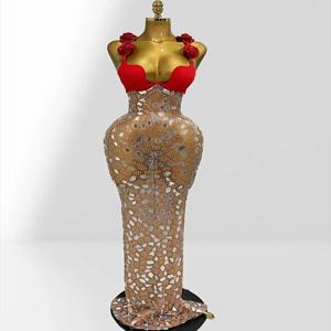 레드 로즈 스파클링 다이아몬드 미러 표면 메쉬 시스루 롱 드레스 여성 생일 파티 드레스 무대 공연 의상