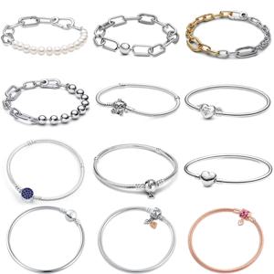 새로운 트렌디 925 스털링 실버 팔찌, 사랑 모양과 블루 진주, 오리지널 DIY 팔찌와 호환, 여성용 주얼리