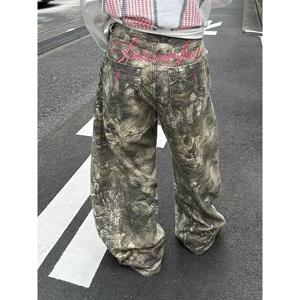 ZHIZOU 여성 고딕 배기핏 Y2K 청바지 미국 2000년대 스타일 자수 청바지 빈티지 하라주쿠 오버사이즈 데님 바지 가을