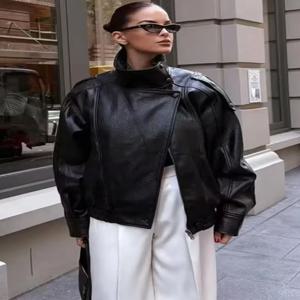 여성용 인조 가죽 루즈핏 재킷 하이 스트리트 스탠드 칼라 긴팔 코트 패션 캐주얼 지퍼 아우터웨어 가을 겨울
