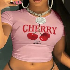 패션 체리 프린트 크루 넥 티셔츠 Y2K 반팔 타이트 피트 크롭 탑 봄 여름 여성 의류