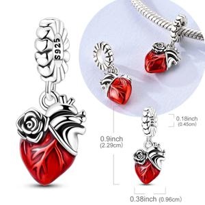 오리지널 925 스털링 실버 비즈 참 장식품 로즈 레드 하트 펜던트 오리지널 팔찌 목걸이에 맞는 여성용 DIY 주얼리 선물