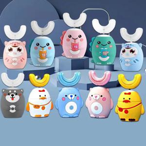 360 °   어린이를위한 소닉 전동 칫솔 어린이 U 모양 자동 실리콘 칫솔 스마트 타이머 충전식 블루 라이트 IPX7