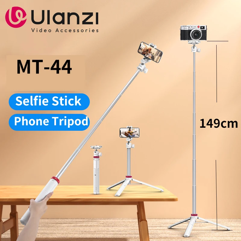 Ulanzi MT-44 1.46M 확장 셀카 스틱 삼각대 카메라 용 전화 클램프가있는 삼각대 핸드폰 Samsung iPhone Huawei Xiaomi Stand