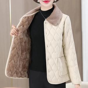 중년 여성용 겨울 봉제 재킷, 플러스 사이즈 루즈한 두꺼운 모피 칼라 코트, 벨벳 따뜻한 퀼트 코트, 겨울 엄마 패션