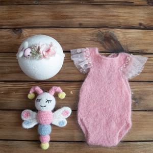 앙고라 니트 레이스 아기 소녀 원피스 사진 소품, 신생아 소년 전체 의류 및 인형 장난감 세트, 사진 촬영 스트레치 원단