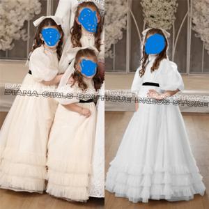 라이트 샴페인 세례 꽃의 소녀 드레스 Tulle 푹신한 절묘한 검은 새시 웨딩 드레스 어린이 생일 파티 공 가운