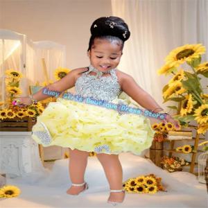 결혼식을위한 사랑스러운 민소매 꽃의 소녀 드레스 크리스탈 진주 주름 장식 작은 공주 소녀 생일 파티 이브닝 ​​가운