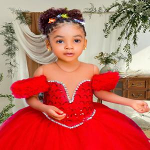 럭셔리 레드 플라워 걸 드레스 시스루 넥 플리츠 러플 티어드 튤 볼 가운 웨딩 키즈 생일 파티 이브닝 가운