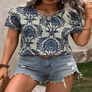 플러스 사이즈 네이비 블루 프린트 루즈 v 넥 반팔 캐주얼 셔츠 블라우스 탑 여성 통근 캐주얼 홈