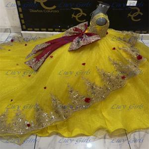 품질 럭셔리 노란색 Tulle 솜털 꽃 소녀 드레스 골드 아플리케 웨딩 드레스 어린이 생일 파티 저녁 공 가운