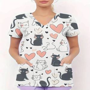 여성 의료 유니폼 귀여운 고양이 패턴 짧은 소매 탑 여름 패션 v 넥 포켓 수의학 수술 유니폼 여성