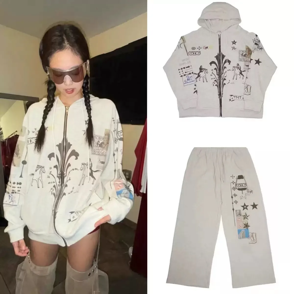 골드 제니 그래피티 프린트 후드 재킷 캐주얼 팬츠 롱 트라우저 스웨트팬츠 스트리트웨어 스타일 지퍼 클로저 긴팔