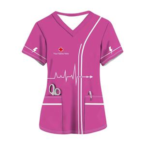여성용 수술복 편안한 브이넥 반팔 이중 앞주머니 간호사 상의 다용도 프린트 임상복 여성용