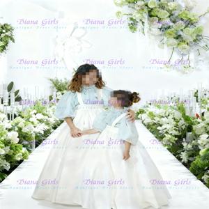 품질 사랑스러운 투피스 세트 플라워 걸 드레스 라이트 블루 튤과 화이트 태피터 작은 공주 웨딩 파티 이브닝 ​​가운