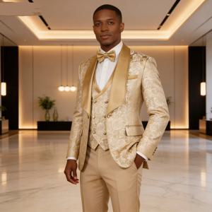 샴페인 자카드 3피스 남성 정장 스모킹 수트, 샤레 라펠 블레이저 세트, 신랑 결혼식 베스트맨 우아한 핏 턱시도