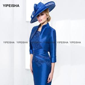Yipeisha 신부의 절묘한 로얄 블루 어머니 드레스 재킷 특종 칼집 무릎 길이 웨딩 게스트 가운 플러스 사이즈