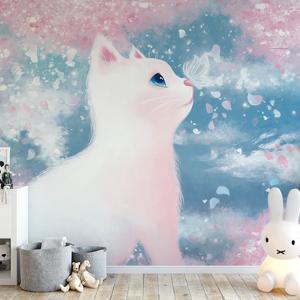 어린이 방 장식을위한 귀여운 고양이 3D 벽지 거실 벽화 소년 소녀 침실을위한 만화 고양이 배경 배경 화면