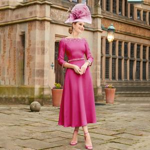 짧은 신부 어머니 드레스 2025 A라인 보트넥 3/4 소매 우아한 웨딩 게스트 가운 미디 비딩 럭셔리 이브닝 드레스