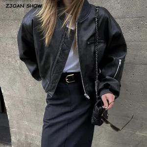 Y2K COOL 여성용 리브 스탠드 V 넥 PU 가죽 재킷, 스트리트 풀 슬리브 지퍼 봄버 퀼트 코트, 루즈 숏 아우터, 그레이