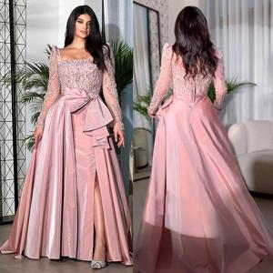 맞춤형 우아한 스퀘어 칼라 A 라인 리본 엠파이어 스팽글 파티 원피스, 바닥 길이 긴 레이스, 하이 슬릿, 격식 있는 이브닝 가운