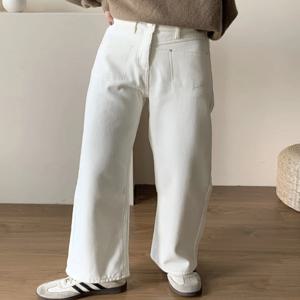 ZHISILAO 여성용 베이지 스트레이트 청바지, 따뜻한 하이웨이스트 와이드 레그 데님 팬츠, 겨울 신상, 2023