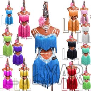 바다색 술 짧은 오픈 허리 반짝이는 다이아몬드 댄스 스커트가 있는 새로운 전문 라틴 댄스 대회 공연 드레스