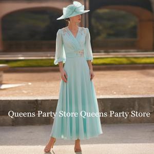 신부의 어머니 원피스 로브, 3/4 소매 아플리케 쉬폰 발목 길이, 웨딩 파티 드레스, 손님용 가운