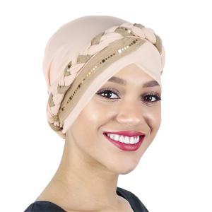 색상 차단 밝은 실크 브레이드 여성 Hijabs 터번 모자 솔리드 컬러 헤드 랩 Pre-tied Elastic Head Scarf Beanies Chemo Cap