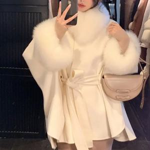 2024 여성용 진짜 여우 모피 모직 재킷, 망토 랩, 배트 9 부 소매 양모 코트, 긴 루즈 벨트, 가을 겨울 신상