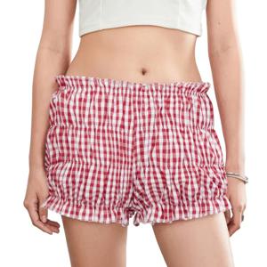 카와이 하라주쿠 프릴 반바지 Y2k 깅엄 레드 블루머 소녀 여성 신축성있는 허리 프릴 케이크 반바지 Bottoming Lolita Pettipants